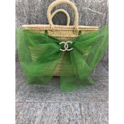 BORSA DI PAGLIA CON FIOCCO GLITTER E SPILLA