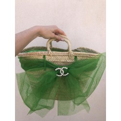 BORSA DI PAGLIA CON FIOCCO GLITTER E SPILLA